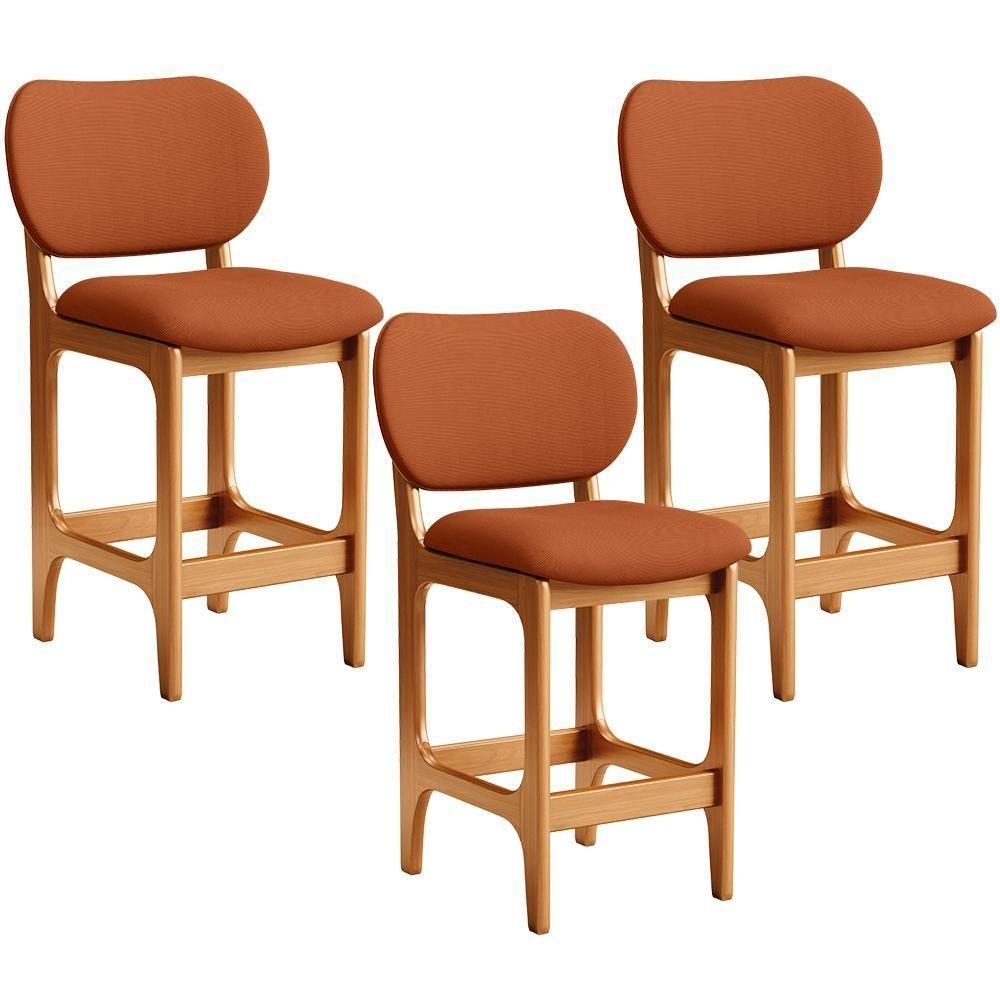 Kit 03 Banquetas Baixa Bar Cozinha E Sala De Jantar Fixa Betta L02 Imbuia Tecido Terracota - 1