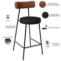 Kit 06 Banquetas Baixa Cozinha Sala Jantar Bancada Milão L02 Couríssimo Marrom Preto - Lyam Decor - 7