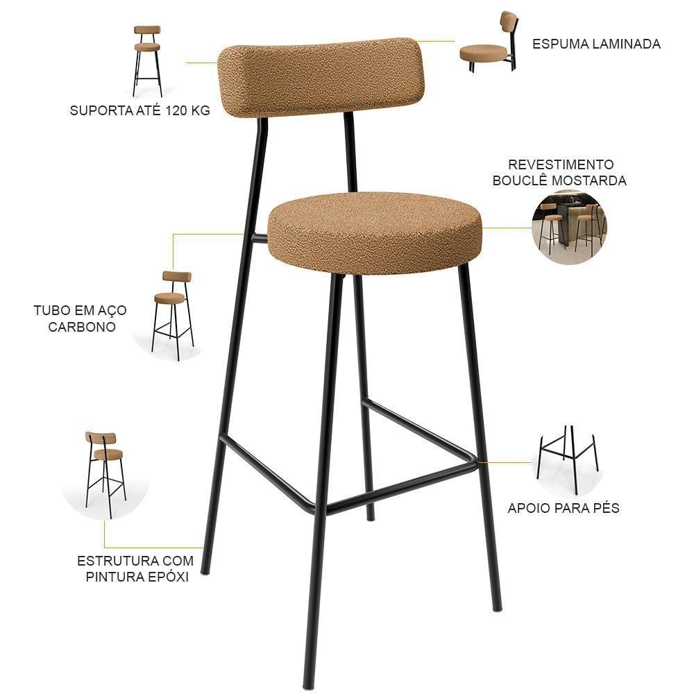 Kit 03 Banquetas Alta Bar Cozinha Sala De Jantar Estrutura Em Aço Milão L02 Bouclê Mostarda - 6