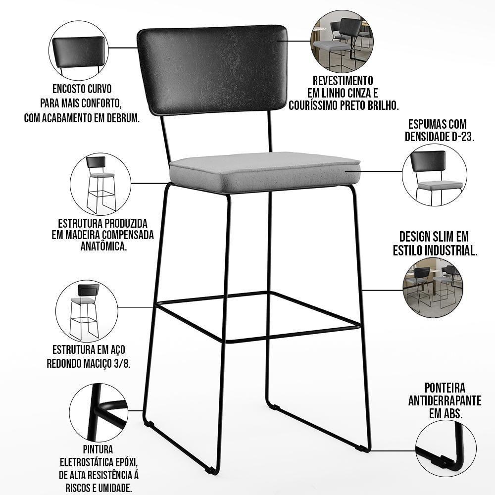 Kit 03 Banquetas Altas Preto Linho Cinza - 7