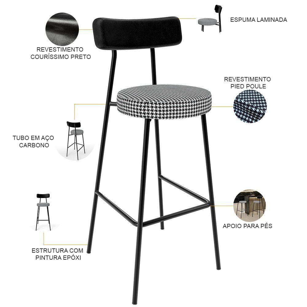 Banqueta Alta Bar Cozinha Sala De Jantar Em Aço Milão L02 Couríssimo Preto Pied Poule - Lyam Decor - 6