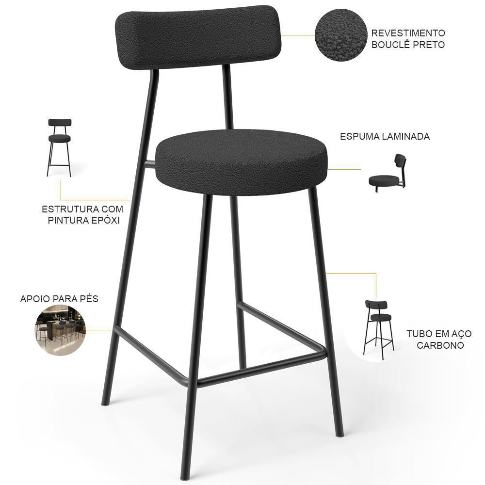 Kit 05 Banquetas Baixa Para Cozinha Sala De Jantar Bancada Milão L02 Bouclê Preto - Lyam Decor - 5