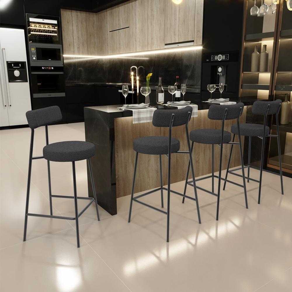 Kit 05 Banquetas Baixa Para Cozinha Sala De Jantar Bancada Milão L02 Bouclê Preto - Lyam Decor - 7