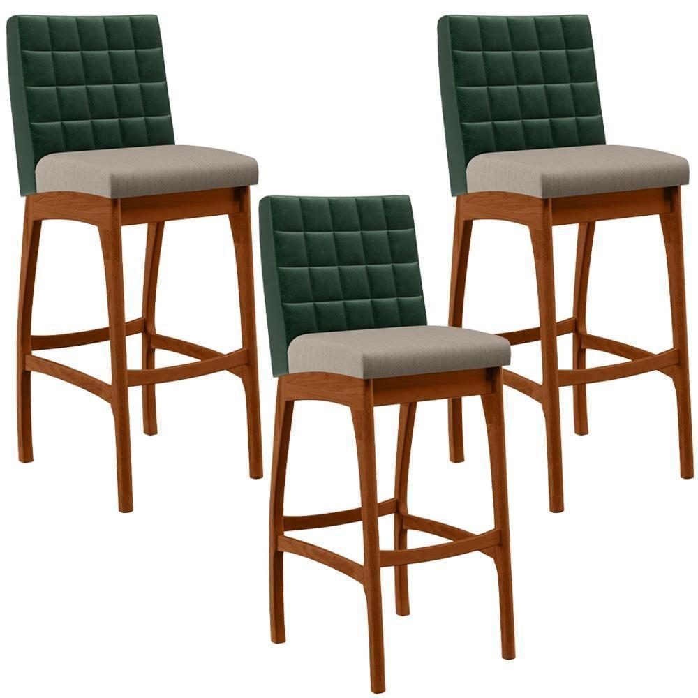 Kit 03 Banquetas Altas Mila Facto Verde Musgo Linho Bege - 1