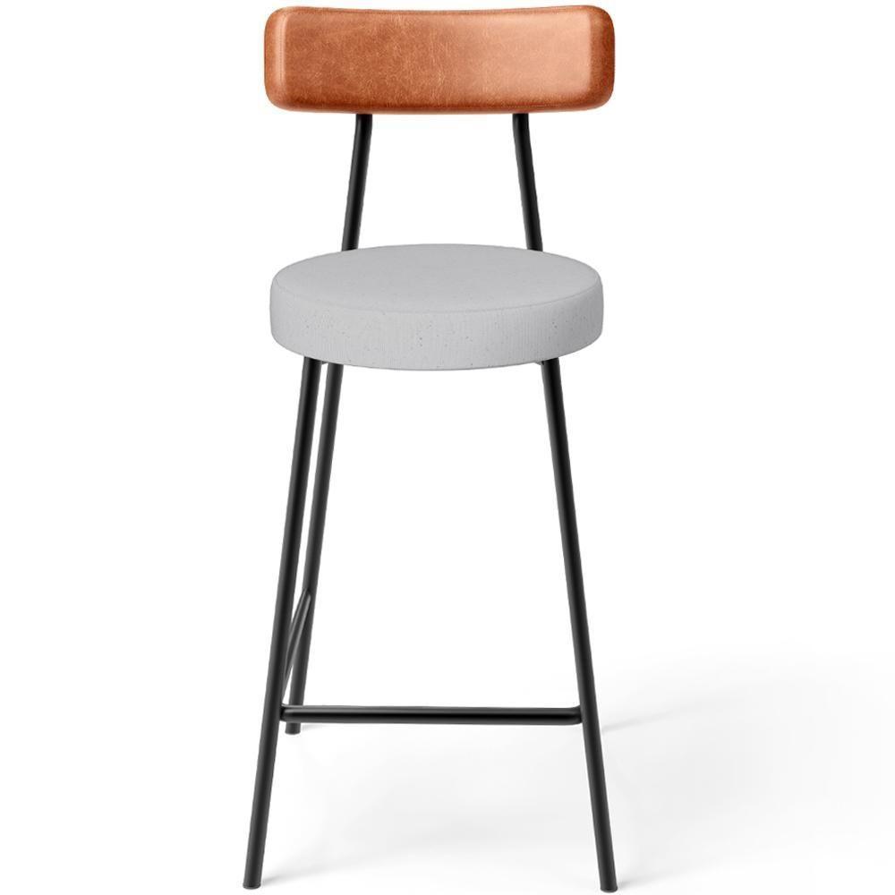 Kit 05 Banquetas Baixa Bar Cozinha Sala Jantar Milão L02 Couríssimo Camel Linho Cinza - Lyam Decor - 7