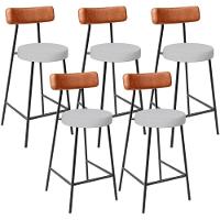 Kit 05 Banquetas Baixa Bar Cozinha Sala Jantar Milão L02 Couríssimo Camel Linho Cinza - Lyam Decor - 1