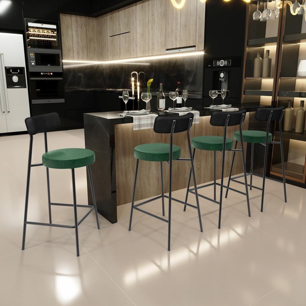 Kit 06 Banquetas Baixa Cozinha Sala Jantar Bancada Milão L02 Couríssimo Preto Verde - Lyam Decor - 3