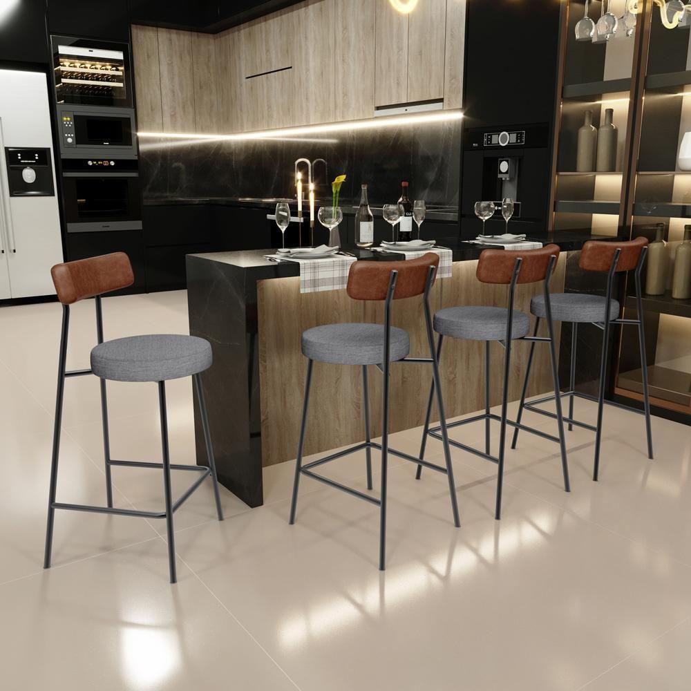 Kit 05 Banquetas Baixa Cozinha Sala Jantar Milão L02 Couríssimo Marrom Linho Cinza Escuro - 5