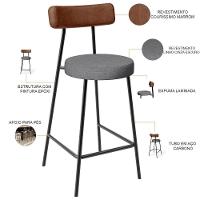 Kit 05 Banquetas Baixa Cozinha Sala Jantar Milão L02 Couríssimo Marrom Linho Cinza Escuro - 3