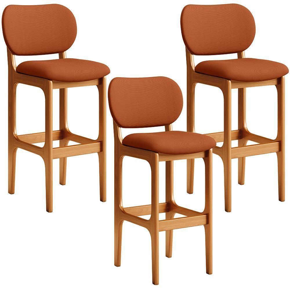 Kit 03 Banquetas Alta Bar Cozinha Sala Jantar Fixa Betta L02 Imbuia Tecido Terracota - 1