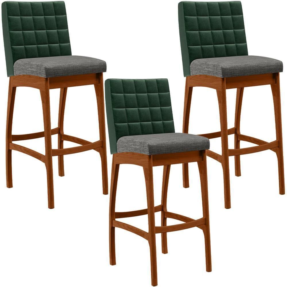 Kit 03 Banquetas Altas Facto Verde Musgo Linho Cinza Escuro - 1