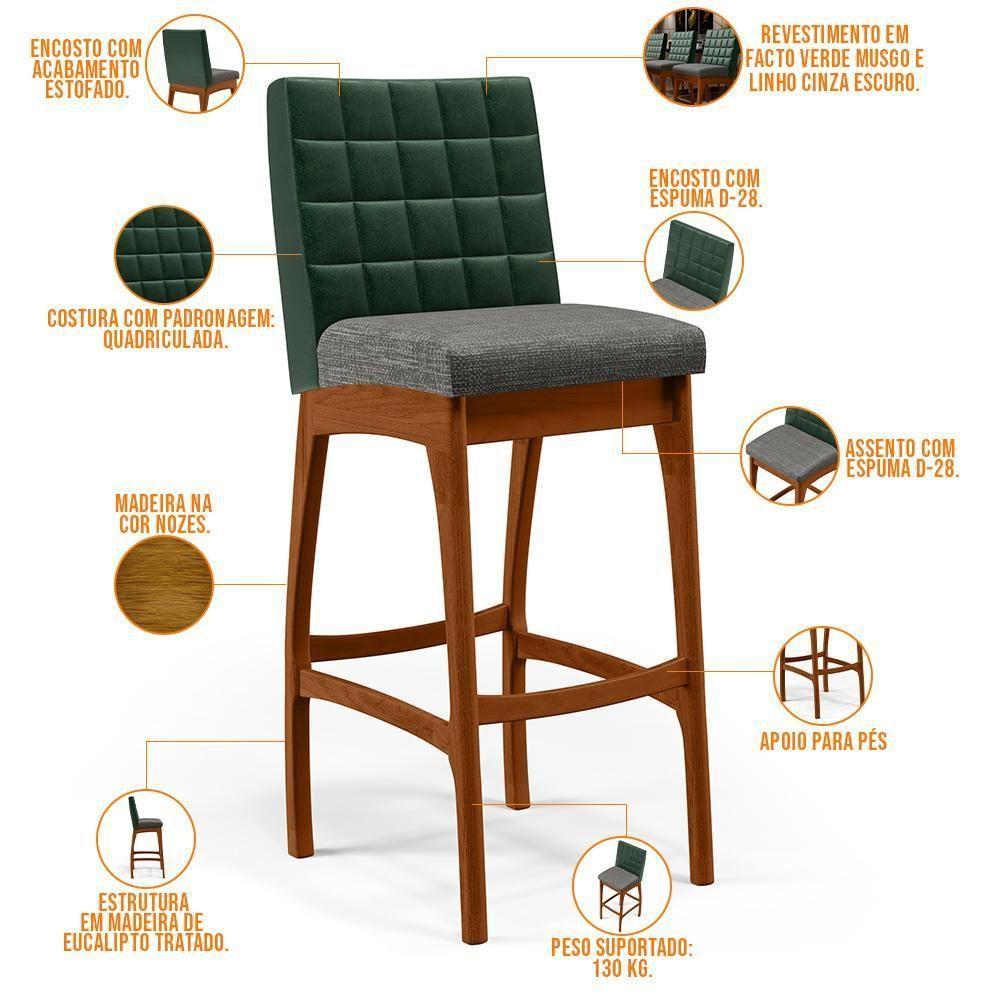 Kit 03 Banquetas Altas Facto Verde Musgo Linho Cinza Escuro - 7
