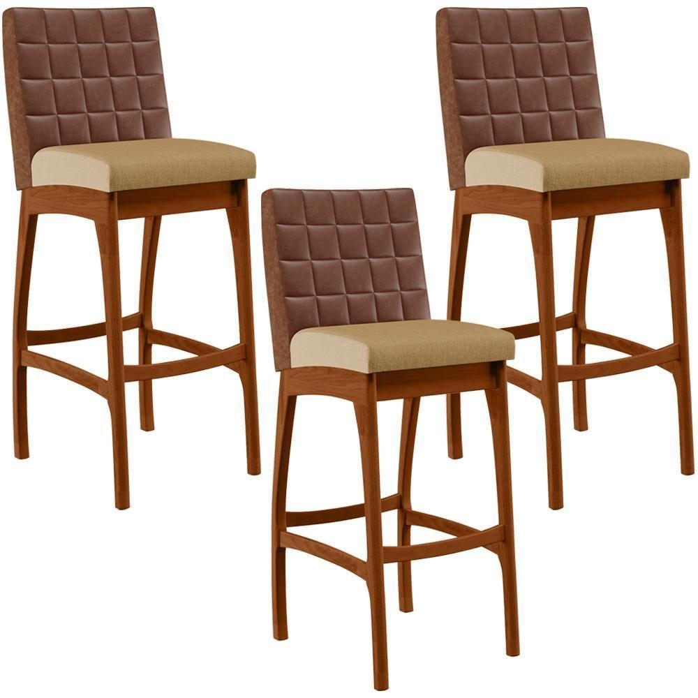 Kit 03 Banquetas Altas Mila Marrom Linho Bege Escuro - 1