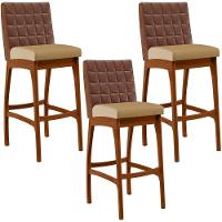 Kit 03 Banquetas Altas Mila Marrom Linho Bege Escuro - 1