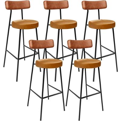 Kit 05 Banquetas Alta Bar Milão L02 Assento em Linho Base em Aço com Encosto Marrom