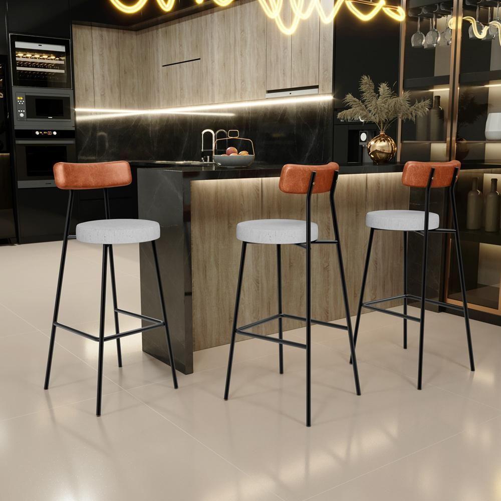 Kit 05 Banquetas Alta Cozinha Sala De Jantar Aço Milão L02 Couríssimo Camel Linho Cinza - Lyam Decor - 4