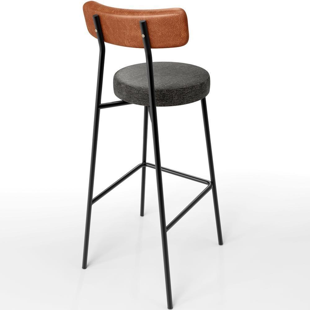 Kit 05 Banquetas Alta Cozinha Sala De Jantar Milão L02 Couríssimo Camel Linho Chumbo - Lyam Decor - 3