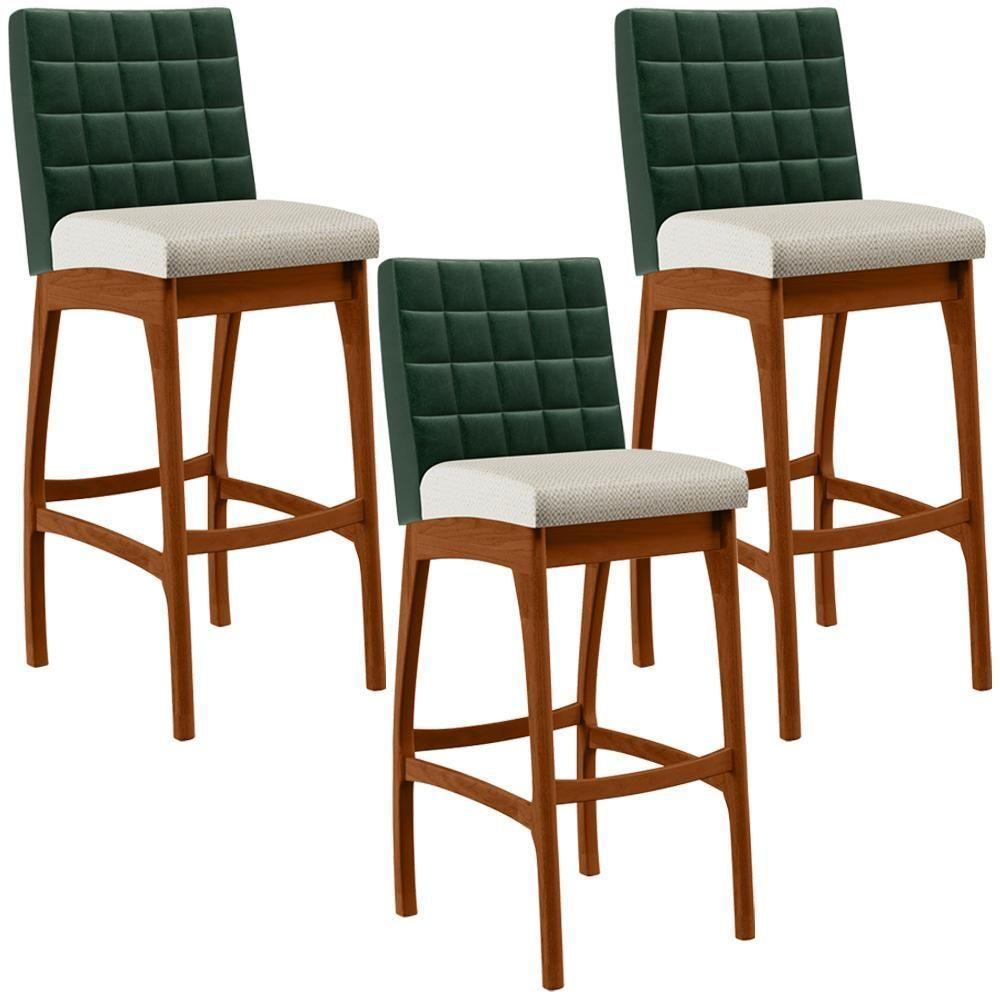 Kit 03 Banquetas Altas Facto Verde Musgo Linho Champagne - 1