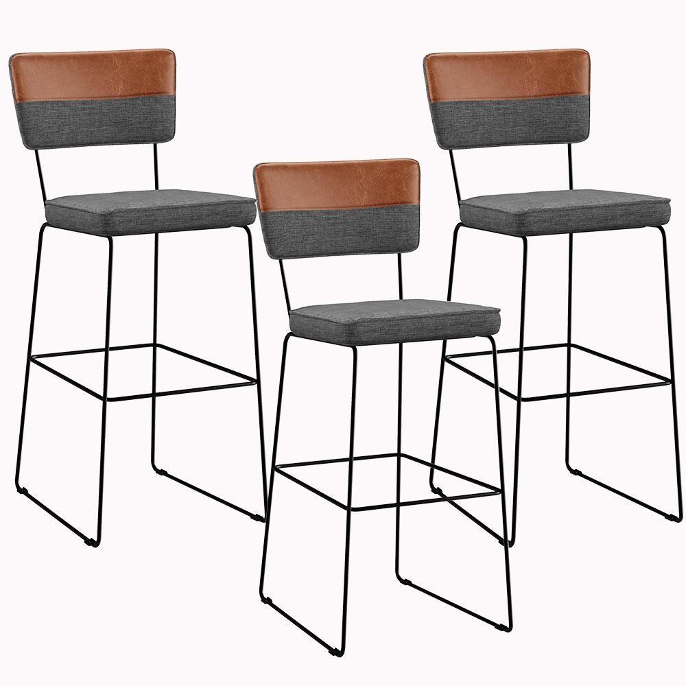 Kit 03 Banquetas Altas Faixa Camel Linho Cinza Escuro - 1