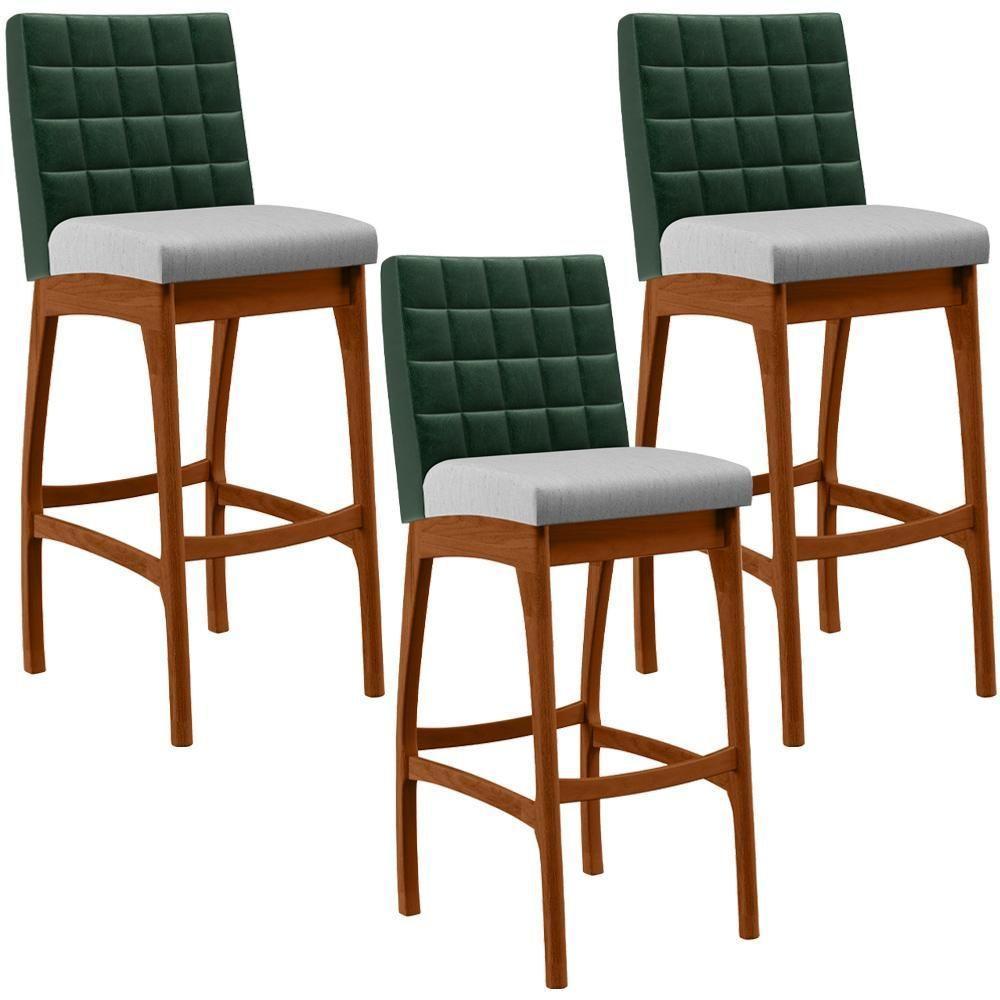 Kit 03 Banquetas Altas Mila Facto Verde Musgo Linho Cinza - 1