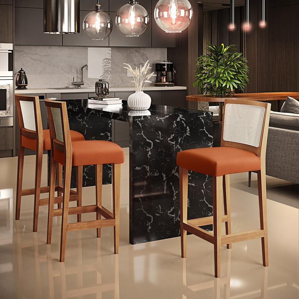 Kit 06 Banquetas Alta Para Cozinha Encosto Em Tela Branco Zion L02 Tecido Terracota - Lyam Decor - 6