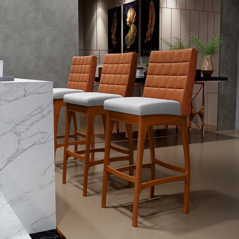 Kit 04 Banquetas Altas Mila Camel Linho Cinza - 9