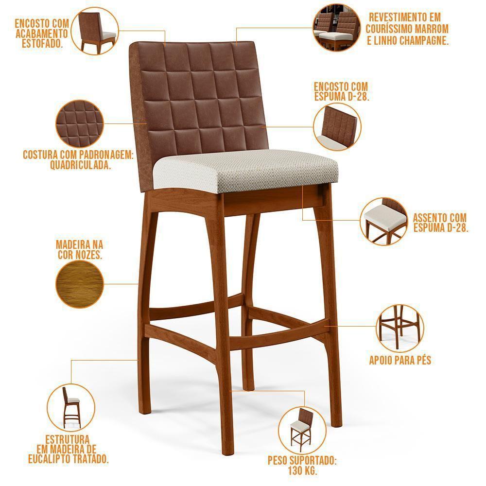 Kit 06 Banquetas Altas Mila Marrom Linho Champagne - 7
