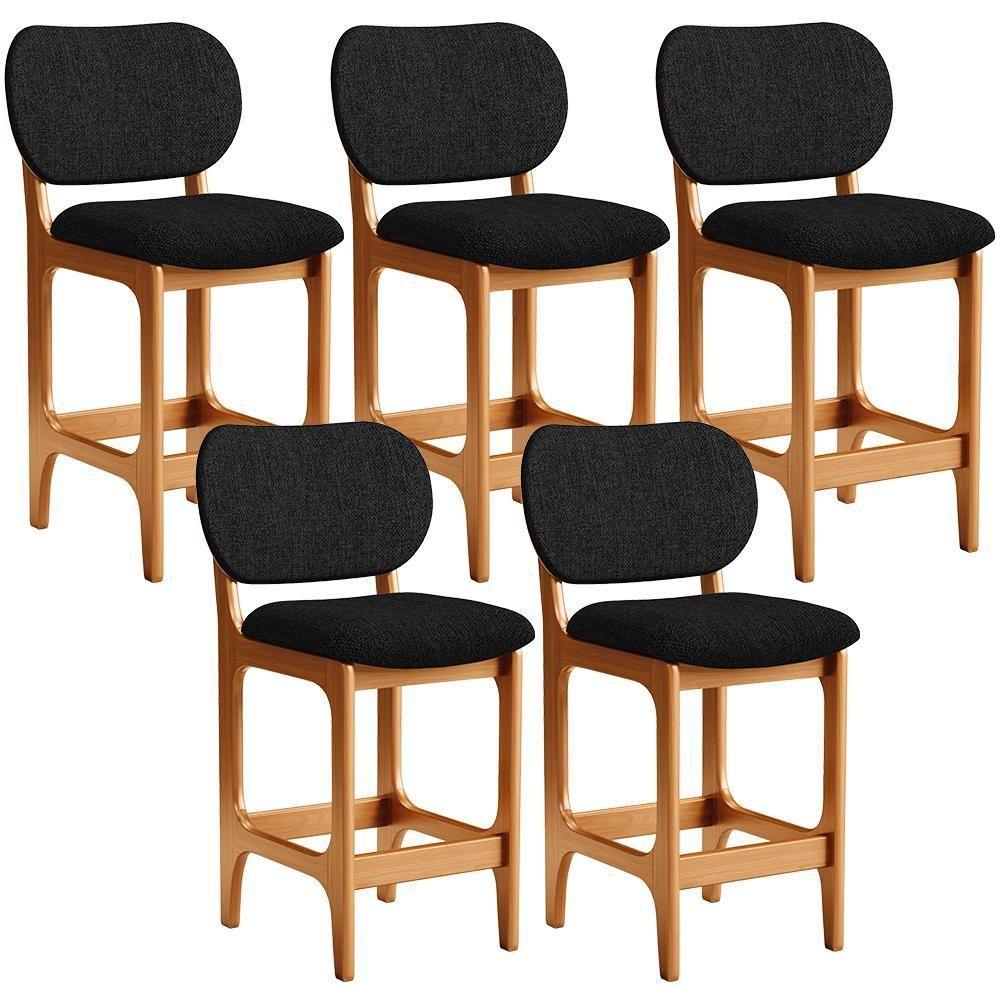 Kit 05 Banquetas Baixa Bar Cozinha E Sala De Jantar Fixa Betta L02 Imbuia Linho Chumbo - Lyam Decor - 1