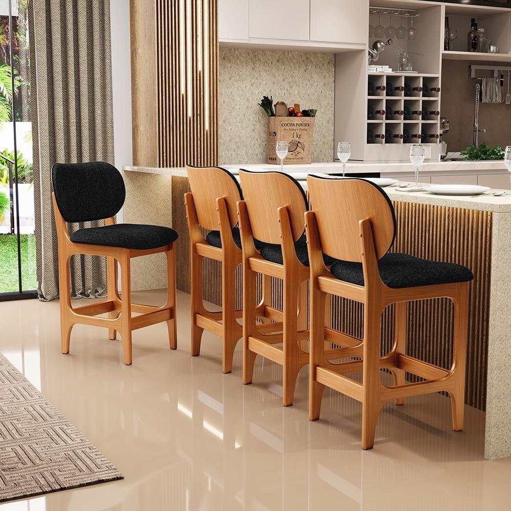 Kit 05 Banquetas Baixa Bar Cozinha E Sala De Jantar Fixa Betta L02 Imbuia Linho Chumbo - Lyam Decor - 5