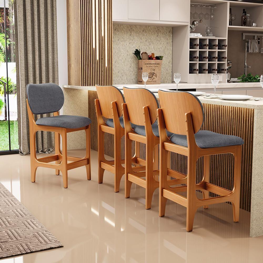 Kit 05 Banquetas Baixa Bar Cozinha E Sala De Jantar Fixa Betta L02 Imbuia Linho Cinza Escuro - 7