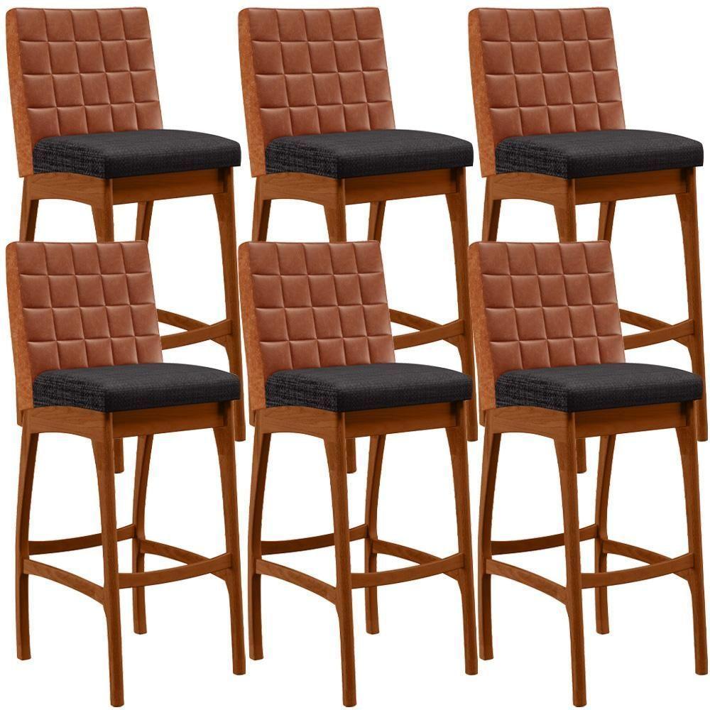 Kit 06 Banquetas Altas Mila Camel Linho Chumbo - 1