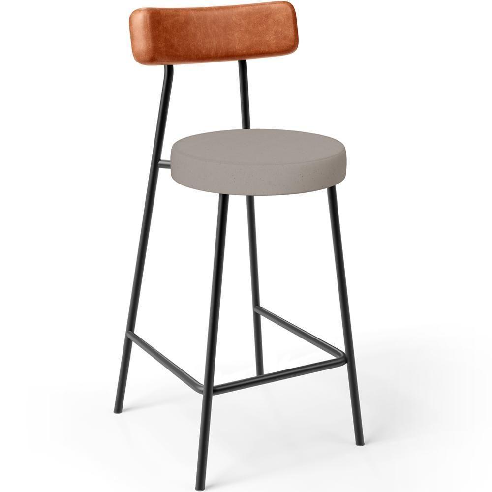 Kit 05 Banquetas Baixa Bar Cozinha Sala Jantar Milão L02 Couríssimo Camel Linho Bege - Lyam Decor - 3