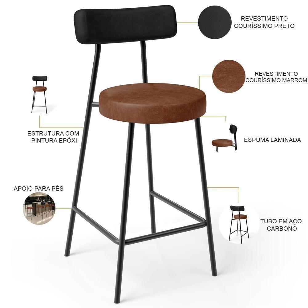 Kit 05 Banquetas Baixa Cozinha Sala Jantar Bancada Milão L02 Couríssimo Preto Marrom - Lyam Decor - 4