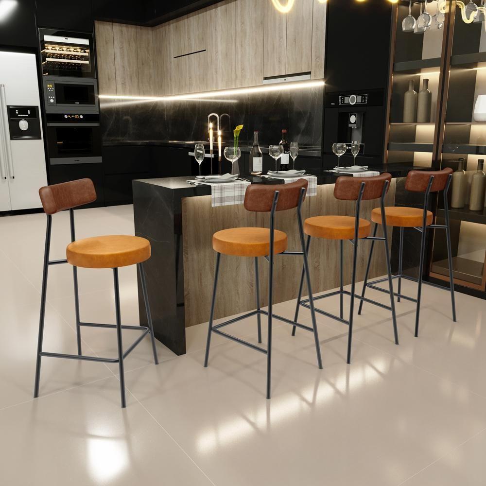 Kit 05 Banquetas Baixa Cozinha Sala Jantar Bancada Milão L02 Couríssimo Marrom Whisky - Lyam Decor - 4