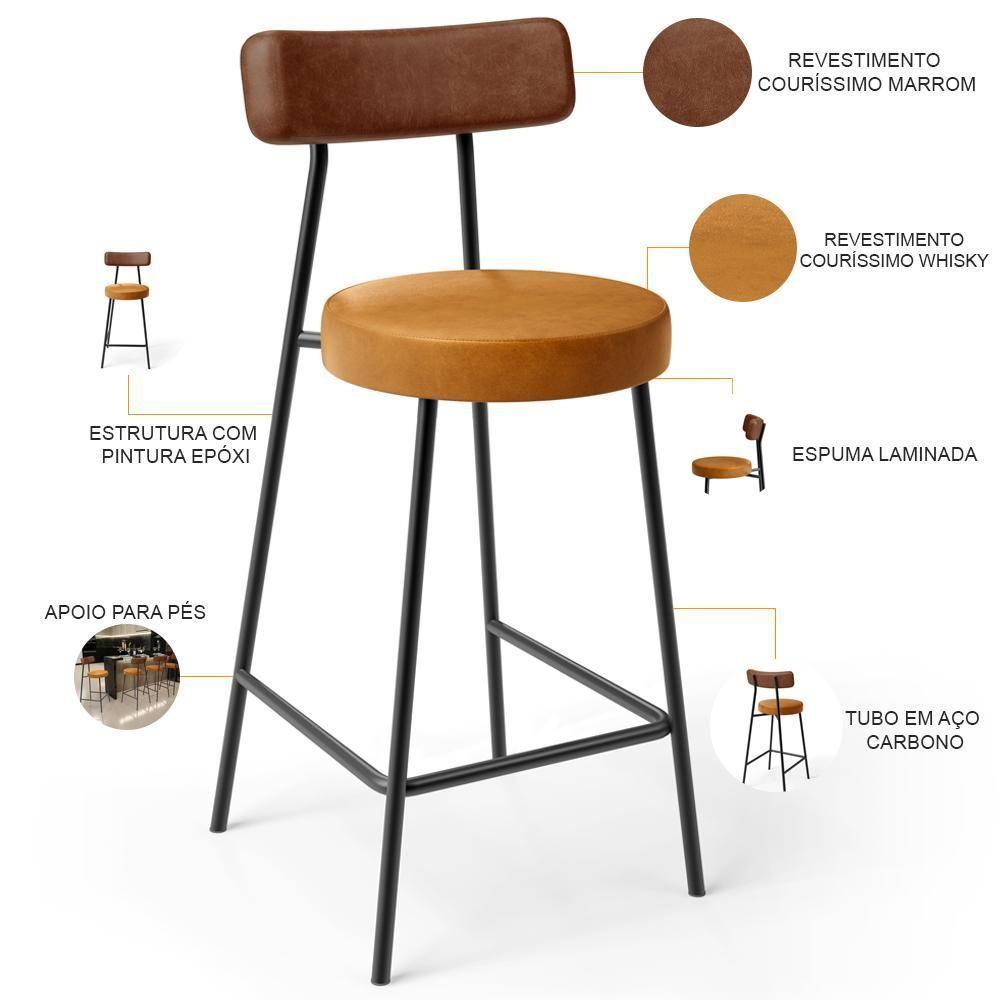 Kit 05 Banquetas Baixa Cozinha Sala Jantar Bancada Milão L02 Couríssimo Marrom Whisky - Lyam Decor - 8