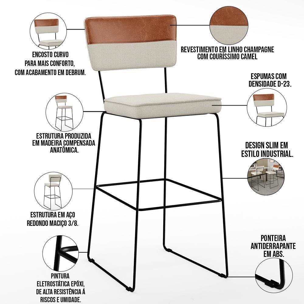 Kit 06 Banquetas Altas Faixa Camel Linho Champagne - 6