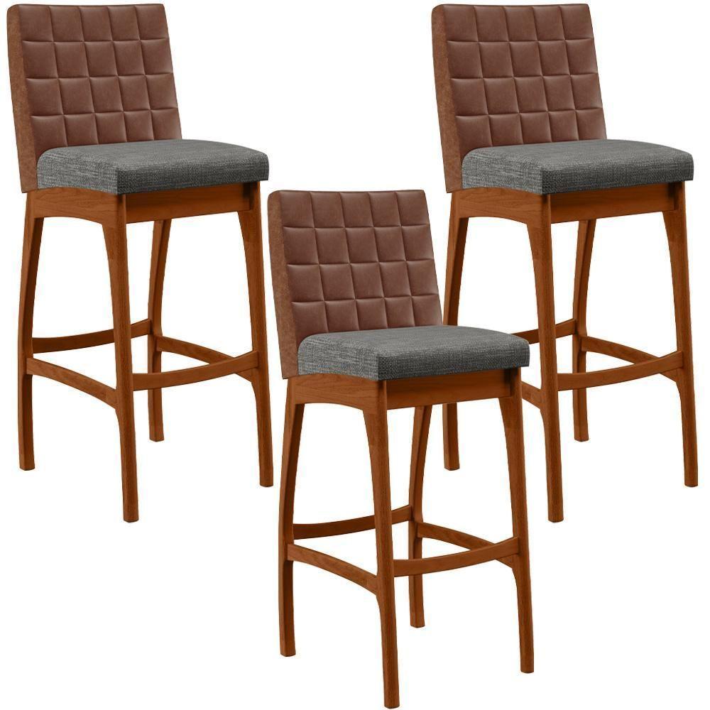 Kit 03 Banquetas Altas Mila B04 Marrom Linho Cinza Escuro - 1