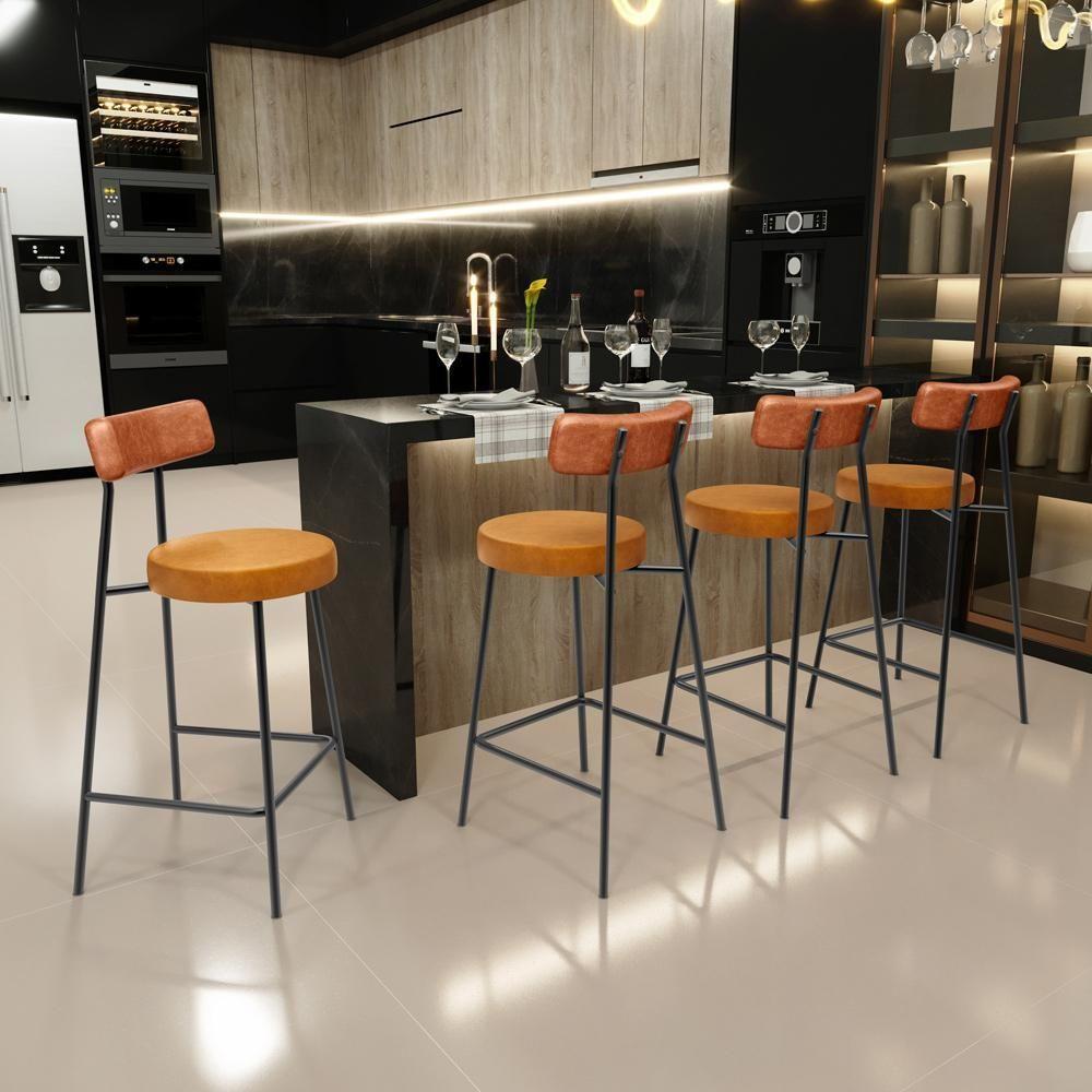 Kit 05 Banquetas Baixa Cozinha Sala Jantar Bancada Milão L02 Couríssimo Camel Whisky - Lyam Decor - 2