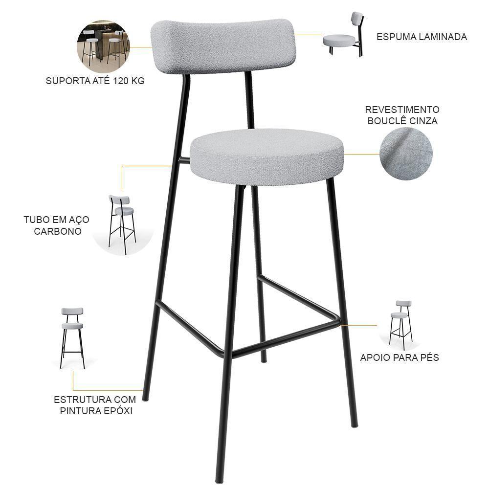 Kit 06 Banquetas Altas Cozinha Bar Sala De Jantar Em Aço Milão L02 Bouclê Cinza - Lyam Decor - 6