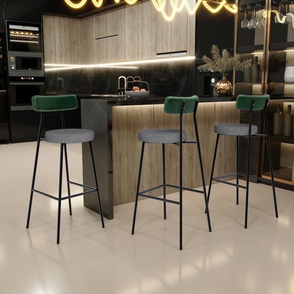 Kit 05 Banquetas Alta Bar Cozinha Sala Jantar Milão L02 Facto Verde Linho Cinza Escuro - Lyam Decor - 6