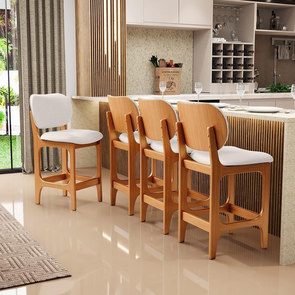 Kit 06 Banquetas Baixa Bar Cozinha E Sala De Jantar Fixa Betta L02 Imbuia Linho Cru - Lyam Decor - 5