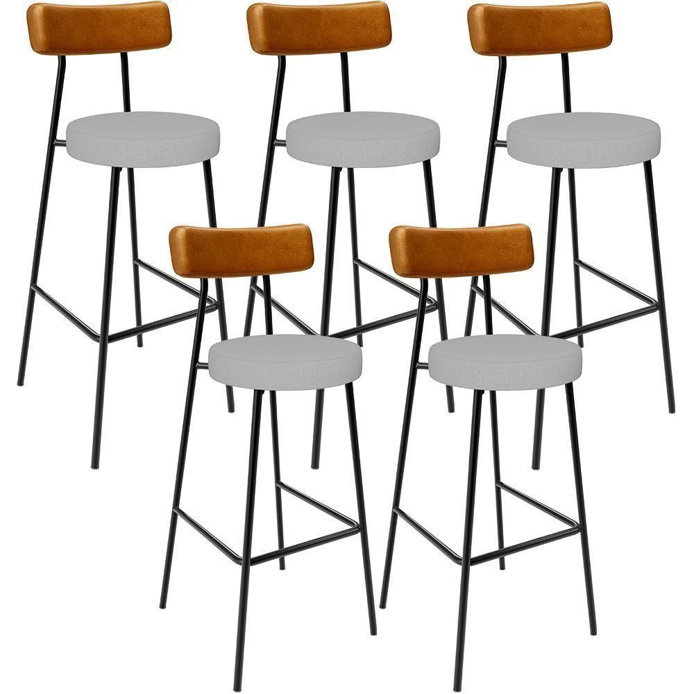 Kit 05 Banquetas Alta Bar Cozinha Sala Jantar Milão L02 Couríssimo Whisky Linho Cinza - Lyam Decor - 1