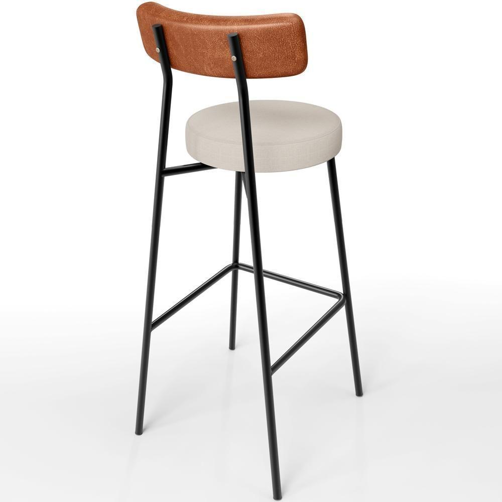 Kit 06 Banquetas Alta Bar Cozinha Sala De Jantar Milão L02 Couríssimo Camel Linho Cru - Lyam Decor - 2