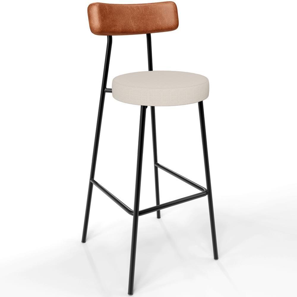 Kit 06 Banquetas Alta Bar Cozinha Sala De Jantar Milão L02 Couríssimo Camel Linho Cru - Lyam Decor - 4