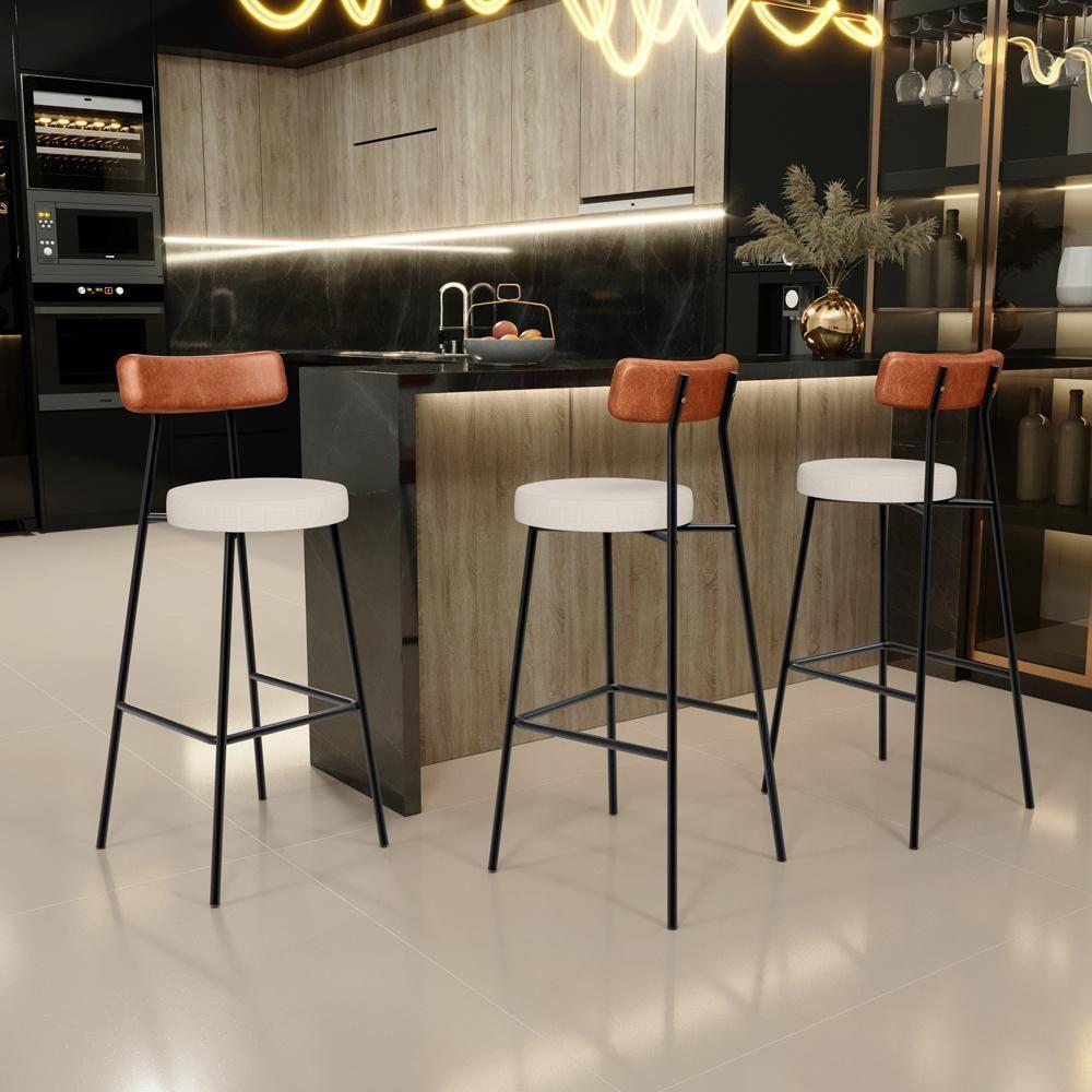 Kit 06 Banquetas Alta Bar Cozinha Sala De Jantar Milão L02 Couríssimo Camel Linho Cru - Lyam Decor - 6