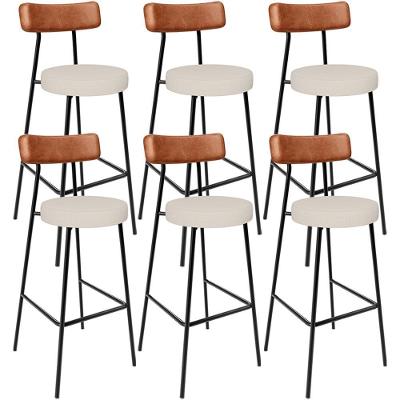 Kit 06 Banquetas Alta Milão L02 Assento em Linho Base em Aço com Encosto Fixo Preto