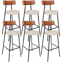 Kit 06 Banquetas Alta Bar Cozinha Sala De Jantar Milão L02 Couríssimo Camel Linho Cru - Lyam Decor - 1