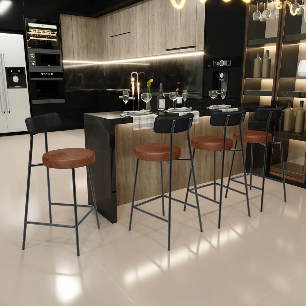 Kit 06 Banquetas Baixa Cozinha Sala Jantar Bancada Milão L02 Couríssimo Preto Marrom - Lyam Decor - 3