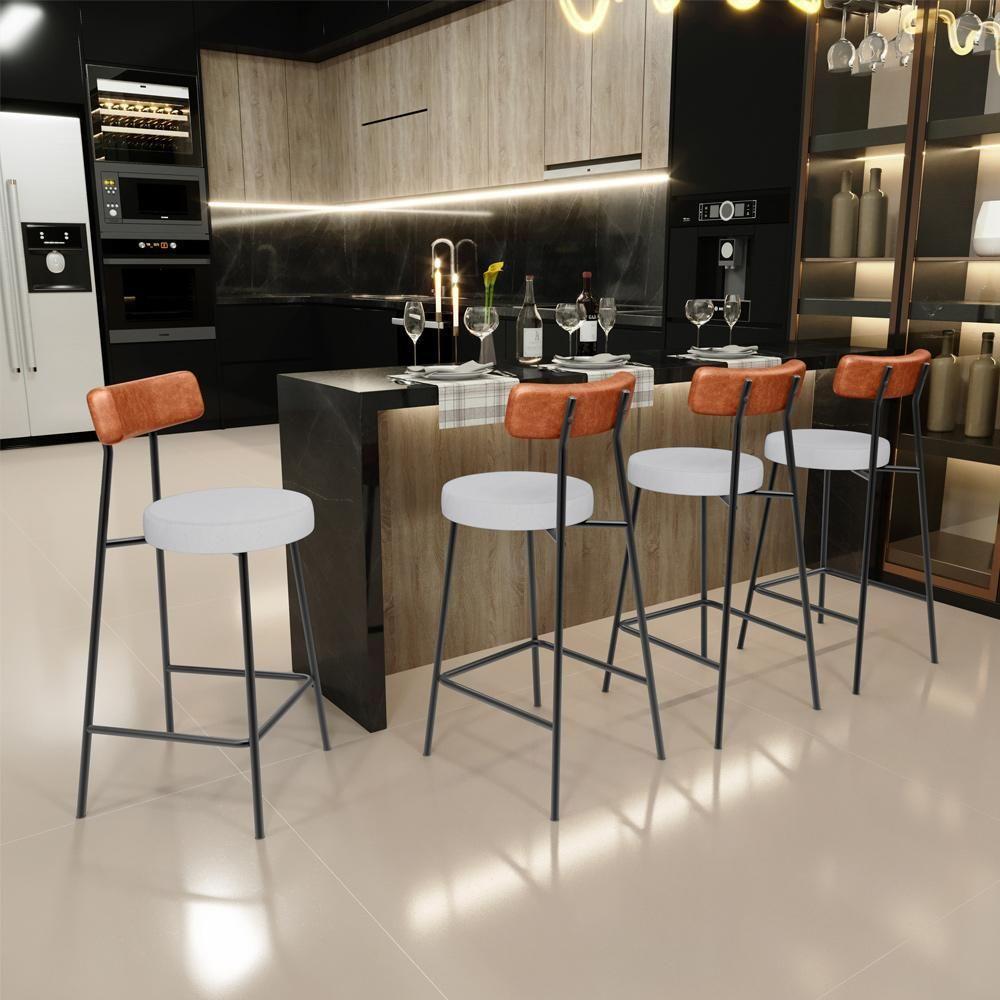 Kit 06 Banquetas Baixa Bar Cozinha Sala Jantar Milão L02 Couríssimo Camel Linho Cinza - Lyam Decor - 5