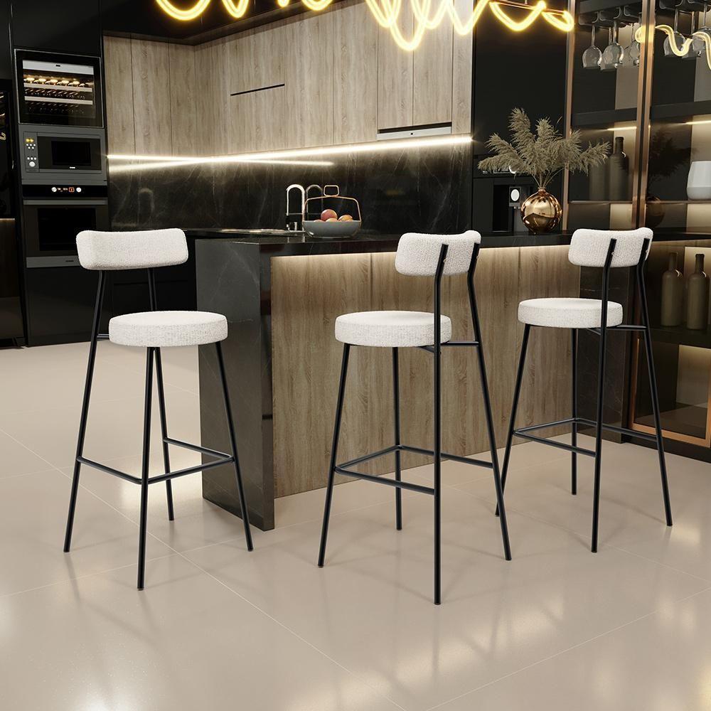 Kit 05 Banquetas Altas Cozinha Bar Sala De Jantar Em Aço Milão L02 Bouclê Creme - Lyam Decor - 5